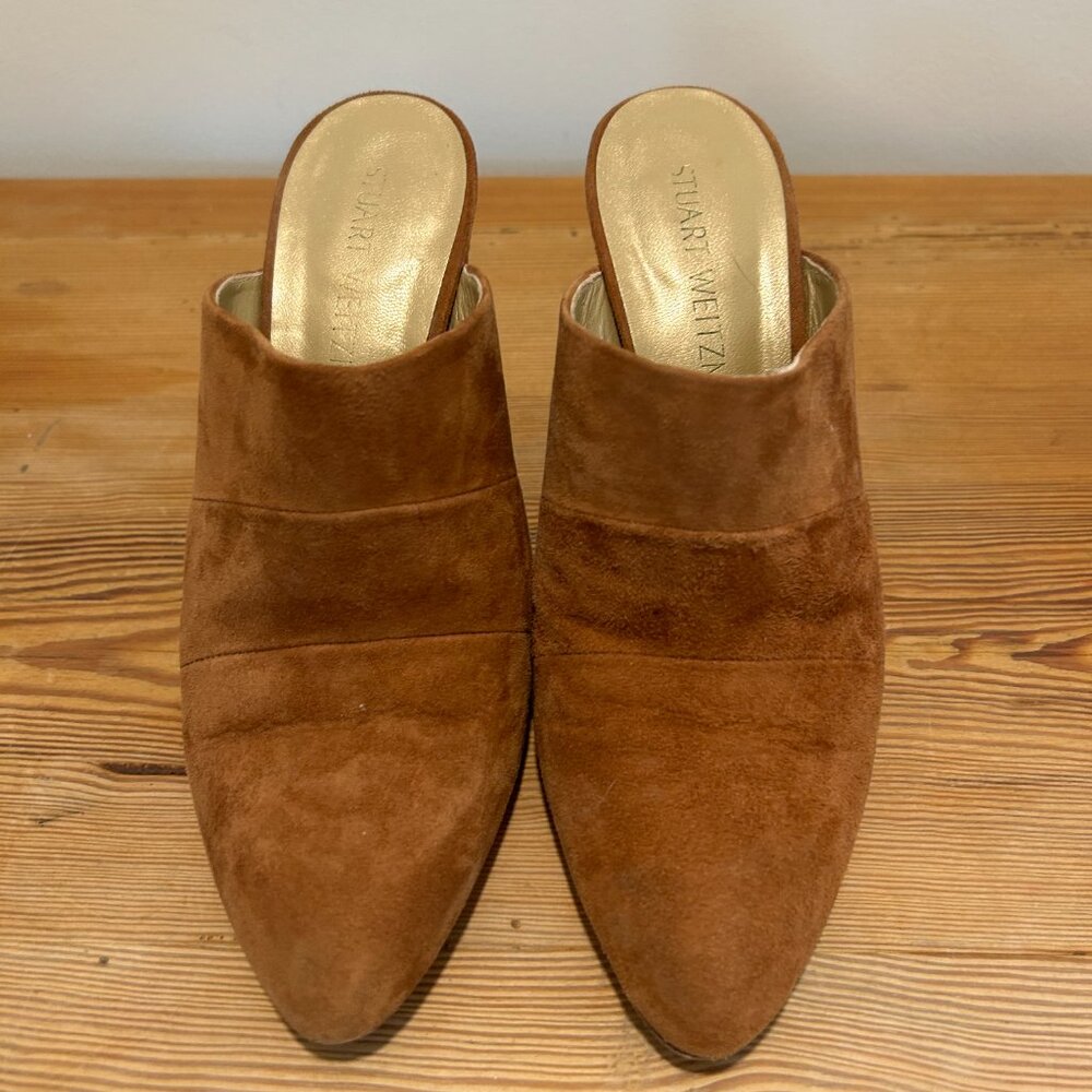 Stuart Weitzman Camel Suede Block Heel Mules | Le… - image 1